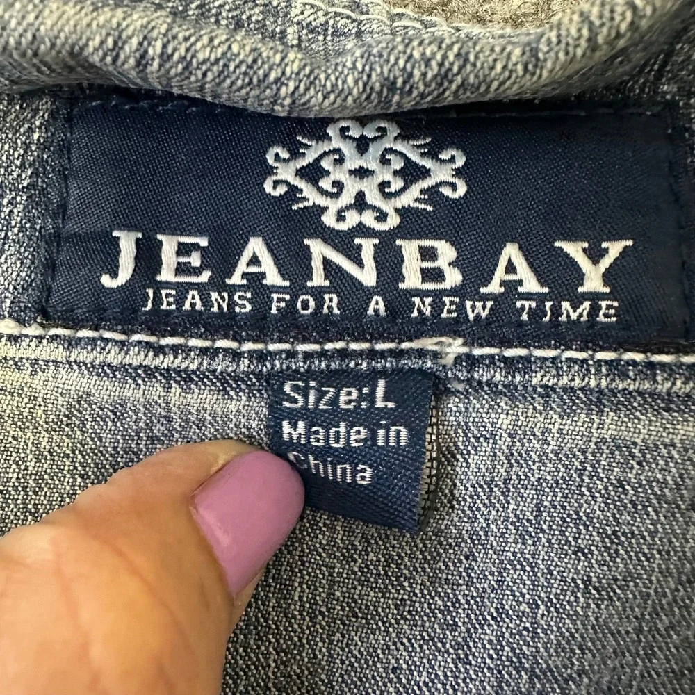 Jeanbay Denim Jacket Womens Size L Blue Fleur De Lis Rhinestone Button Up Casual